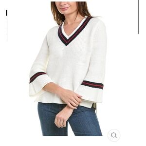Cabi Ace pullover cream knit vneck sweater bell sleeve red blue stripe side slit
